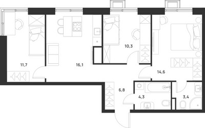 Планировка трехкомнатной(квартира) площадью 67.2 квадратных метров в ЖК “ЖК Форевиль”