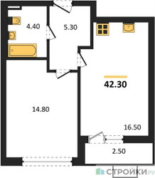 Планировка однокомнатной(квартира) площадью 42.3 квадратных метров в ЖК “ЖК Прокшино”