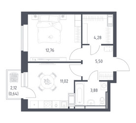 Планировка однокомнатной(квартира) площадью 38.08 квадратных метров в ЖК “ЖК Большое Путилково”