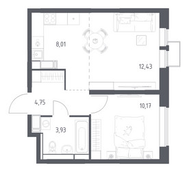 Планировка однокомнатной(квартира) площадью 39.29 квадратных метров в ЖК “ЖК Большое Путилково”