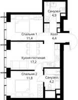 Планировка двухкомнатной(квартира) площадью 53.9 квадратных метров в “ЖК Сити Бэй”