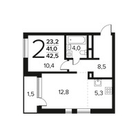 Планировка двухкомнатной(квартира) площадью 42.5 квадратных метров в “Новые Ватутинки. Заречный”
