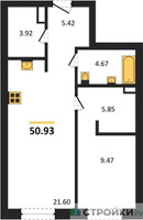 Планировка однокомнатной(квартира) площадью 50.93 квадратных метров в “ЖК УЛЬТИМА Сити”