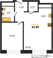 Планировка однокомнатной(квартира) площадью 42.89 квадратных метров в “ЖК Новоград Павлино”