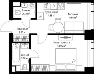 Планировка однокомнатной(квартира) площадью 35.33 квадратных метров в ЖК “ЖК Веер”