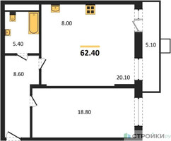 Планировка однокомнатной(квартира) площадью 62.4 квадратных метров в “ЖК Пироговская Ривьера”