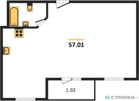 Планировка двухкомнатной(квартира) площадью 57.01 квадратных метров в “ЖК Радость (Радумля Парк)”