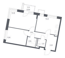 Планировка двухкомнатной(квартира) площадью 55.12 квадратных метров в ЖК “ЖК Квартал Западный”