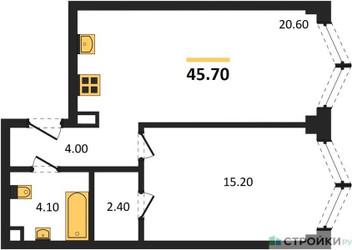 Планировка однокомнатной(квартира) площадью 45.7 квадратных метров в ЖК “ЖК ЗИЛАРТ”