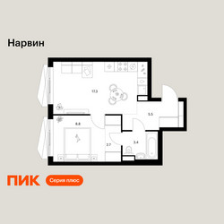 Планировка однокомнатной(квартира) площадью 37.7 квадратных метров в ЖК “Нарвин”