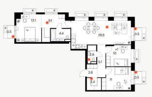 Планировка трехкомнатной(квартира) площадью 91.6 квадратных метров в “ЖК Амурский парк”