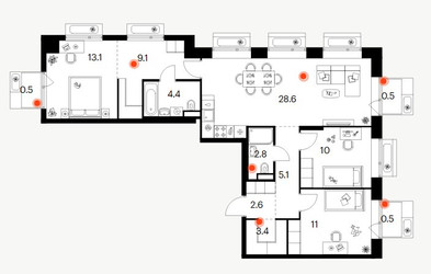 Планировка трехкомнатной(квартира) площадью 91.6 квадратных метров в ЖК “ЖК Амурский парк”