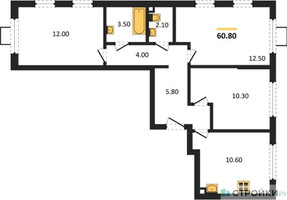 Планировка трехкомнатной(квартира) площадью 60.8 квадратных метров в “ЖК Лучи-2”