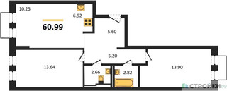 Планировка двухкомнатной(квартира) площадью 60.99 квадратных метров в “ЖК Рублевский Квартал”