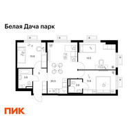 Планировка трехкомнатной(квартира) площадью 69.1 квадратных метров в “ЖК Белая Дача парк”
