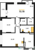 Планировка двухкомнатной(квартира) площадью 72.7 квадратных метров в “ЖК Первый квартал”