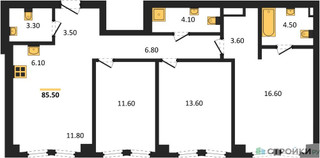 Планировка трехкомнатной(квартира) площадью 85.5 квадратных метров в “ЖК Мангазея на Тульской”