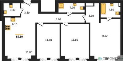 Планировка трехкомнатной(квартира) площадью 85.5 квадратных метров в ЖК “ЖК Мангазея на Тульской”