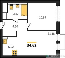 Планировка однокомнатной(квартира) площадью 34.62 квадратных метров в “ЖК Молжаниново”