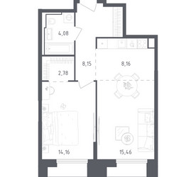 Планировка однокомнатной(апартаменты) площадью 52.79 квадратных метров в ЖК “ЖК Скай Спутник”