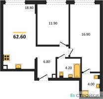 Планировка двухкомнатной(квартира) площадью 62.6 квадратных метров в “ЖК Шагал”