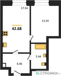 Планировка однокомнатной(квартира) площадью 42.68 квадратных метров в ЖК “ЖК Sezar City (Сезар Сити)”