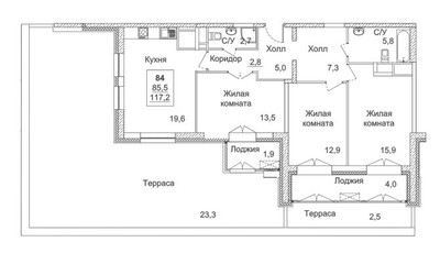 Планировка трехкомнатной(квартира) площадью 117.2 квадратных метров в ЖК “ЖК Династия”