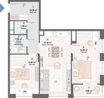 Планировка двухкомнатной(квартира) площадью 69.4 квадратных метров в “ЖК Триумф (Пушкино)”