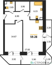 Планировка однокомнатной(квартира) площадью 59.28 квадратных метров в ЖК “Квартал Foriver”