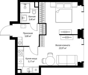 Планировка однокомнатной(квартира) площадью 38.34 квадратных метров в ЖК “Мультиквартал СИТИДЗЕН”
