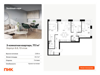 Планировка трехкомнатной(квартира) площадью 77.1 квадратных метров в ЖК “ЖК Зеленый парк”