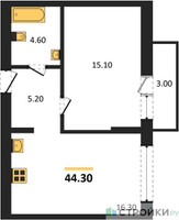 Планировка однокомнатной(квартира) площадью 44.3 квадратных метров в “ЖК Первый квартал”