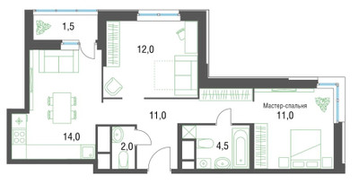 Планировка двухкомнатной(квартира) площадью 55.9 квадратных метров в ЖК “ЖК Квартал Новые Котельники”