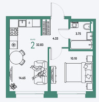 Планировка двухкомнатной(квартира) площадью 32.83 квадратных метров в “ЖК Страна.Парковая”