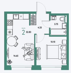Планировка двухкомнатной(квартира) площадью 32.83 квадратных метров в ЖК “ЖК Страна.Парковая”
