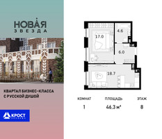 Планировка однокомнатной(квартира) площадью 46.3 квадратных метров в “ЖК Новая Звезда (Газопровод)”
