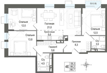 Планировка 4+ комнатной(квартира) площадью 86.2 квадратных метров в ЖК “ЖК КИНОКВАРТАЛ”