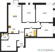 Планировка трехкомнатной(квартира) площадью 88.38 квадратных метров в “ЖК Егорово Парк”