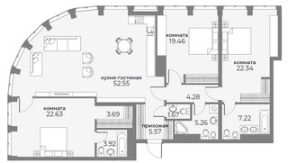 Планировка 4+ комнатной(апартаменты) площадью 150.7 квадратных метров в “ЖК Sky View (Скай Вью)”