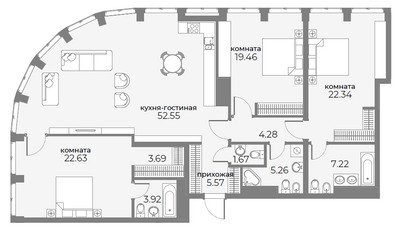 Планировка 4+ комнатной(апартаменты) площадью 150.7 квадратных метров в ЖК “ЖК Sky View (Скай Вью)”