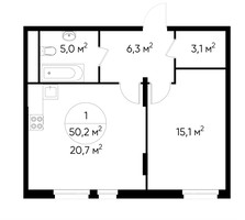 Планировка однокомнатной(квартира) площадью 50.2 квадратных метров в “ЖК Переделкино Ближнее”