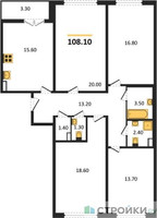 Планировка 4+ комнатной(квартира) площадью 108.1 квадратных метров в “ЖК ЮЖНАЯ БИТЦА”