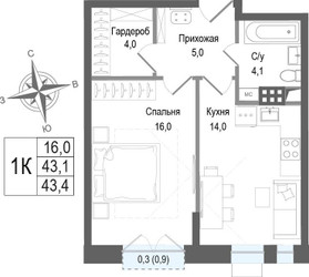 Планировка однокомнатной(квартира) площадью 42.2 квадратных метров в ЖК “ЖК КИНОКВАРТАЛ”