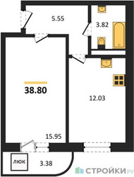 Планировка однокомнатной(квартира) площадью 38.8 квадратных метров в ЖК “Ласточкино”