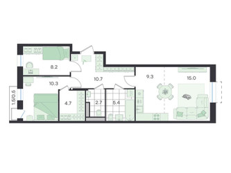 Планировка трехкомнатной(квартира) площадью 66.8 квадратных метров в ЖК “ЖК G3 Театральный”