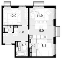 Планировка трехкомнатной(квартира) площадью 58.1 квадратных метров в “ЖК Новая Звезда (Газопровод)”