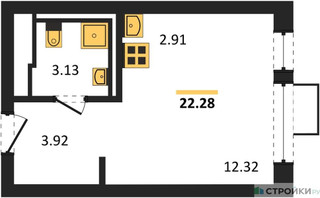 Планировка студии(квартира) площадью 22.28 квадратных метров в “ЖК Молжаниново”