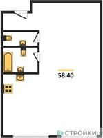 Планировка однокомнатной(апартаменты) площадью 58.4 квадратных метров в “ЖК Nametkin Tower (Наметкин Тауэр)”