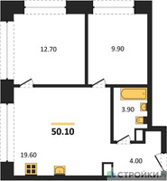 Планировка двухкомнатной(квартира) площадью 50.1 квадратных метров в “ЖК Voice Towers (Войс Тауэрс)”