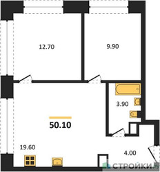 Планировка двухкомнатной(квартира) площадью 50.1 квадратных метров в ЖК “ЖК Voice Towers (Войс Тауэрс)”